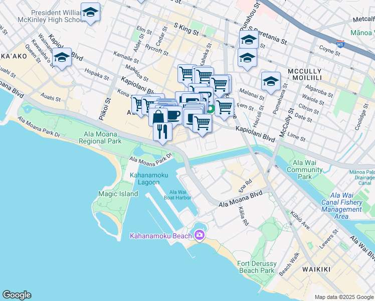map of restaurants, bars, coffee shops, grocery stores, and more near 109 Atkinson Drive in Honolulu