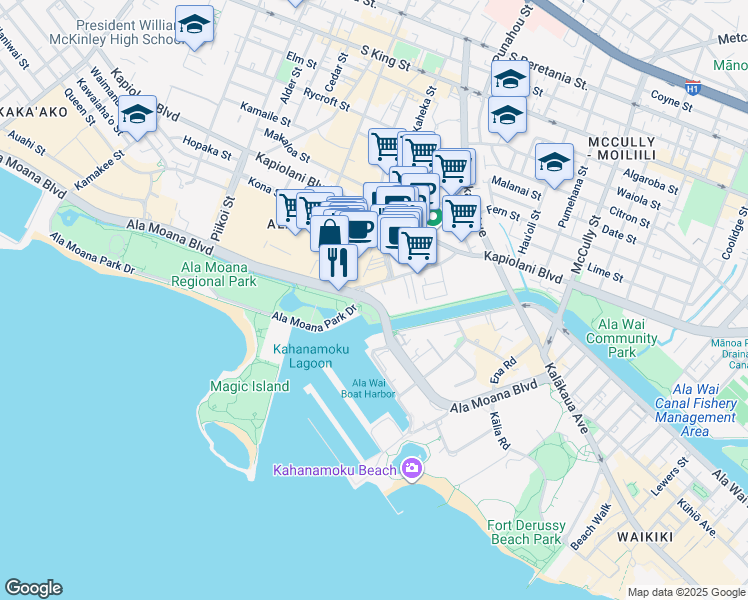 map of restaurants, bars, coffee shops, grocery stores, and more near 109 Atkinson Drive in Honolulu