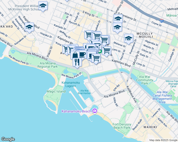map of restaurants, bars, coffee shops, grocery stores, and more near 109 Atkinson Drive in Honolulu