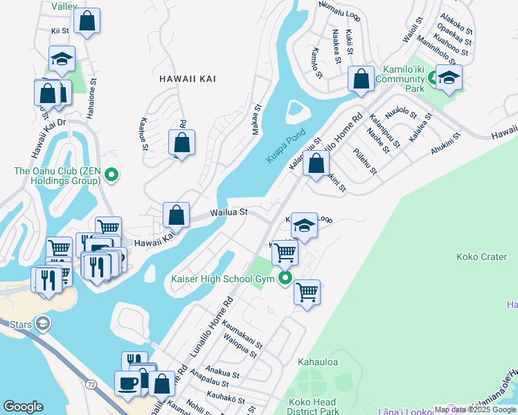 map of restaurants, bars, coffee shops, grocery stores, and more near 580 Lunalilo Home Road in Honolulu