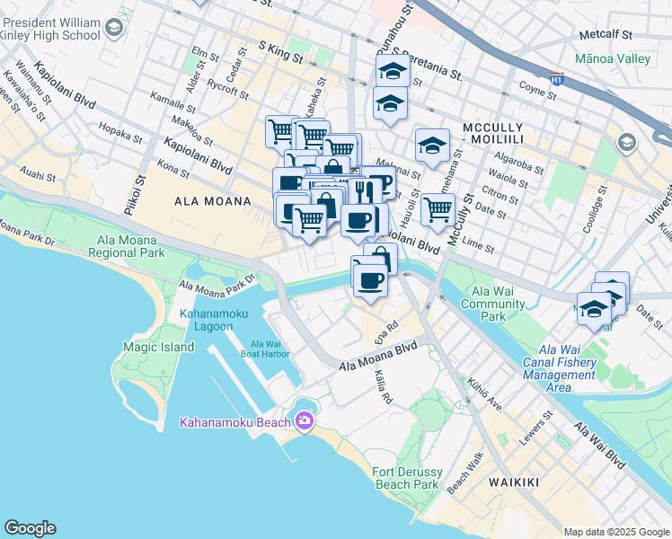 map of restaurants, bars, coffee shops, grocery stores, and more near 1829 Kahakai Drive in Honolulu