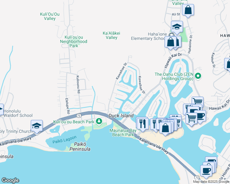 map of restaurants, bars, coffee shops, grocery stores, and more near 300 Kawaihae Street in Honolulu