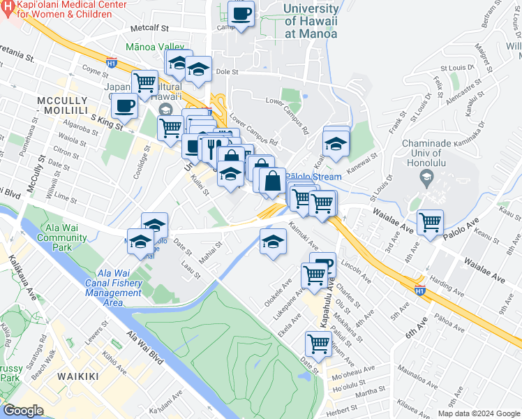 map of restaurants, bars, coffee shops, grocery stores, and more near 2875 South King Street in Honolulu