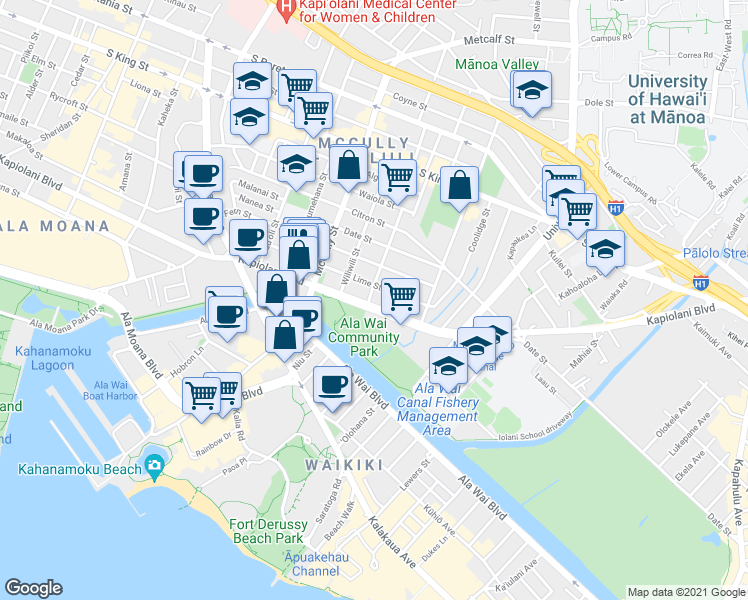 map of restaurants, bars, coffee shops, grocery stores, and more near 2123 Lime Street in Honolulu