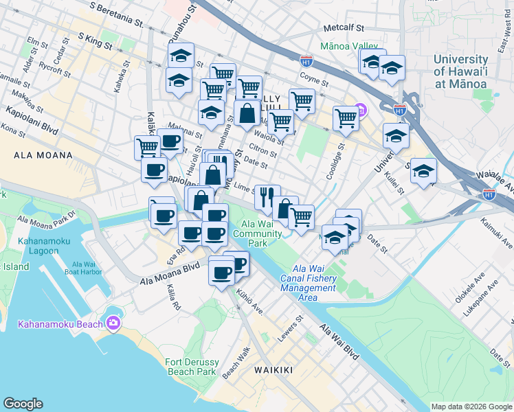 map of restaurants, bars, coffee shops, grocery stores, and more near 2123 Lime Street in Honolulu