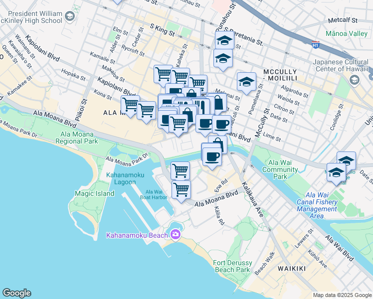 map of restaurants, bars, coffee shops, grocery stores, and more near 1829 Kahakai Drive in Honolulu