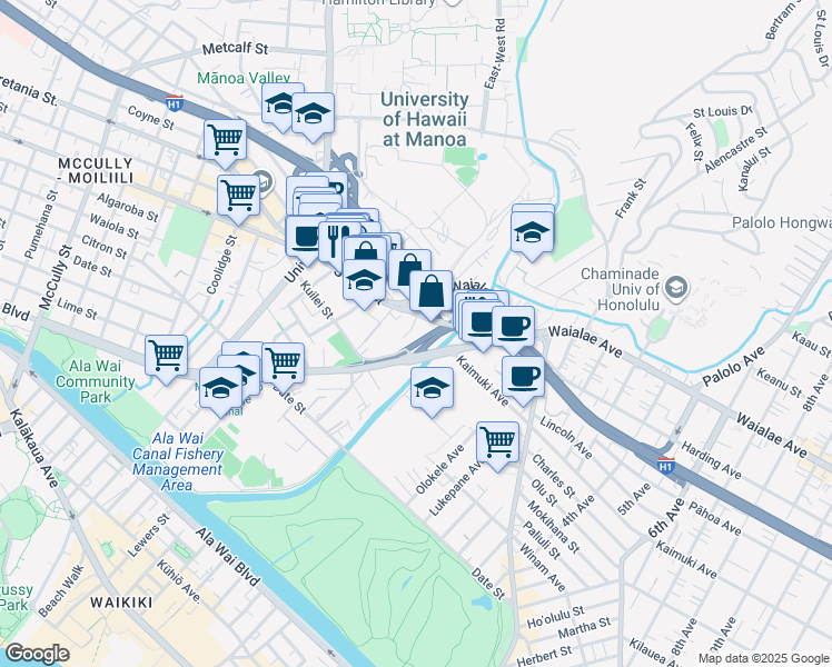 map of restaurants, bars, coffee shops, grocery stores, and more near 1941 Church Lane in Honolulu