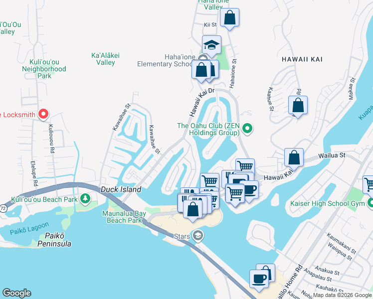 map of restaurants, bars, coffee shops, grocery stores, and more near 503 Opihikao Place in Honolulu