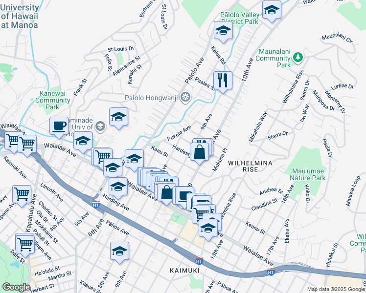 map of restaurants, bars, coffee shops, grocery stores, and more near 3424 Maluhia Street in Honolulu