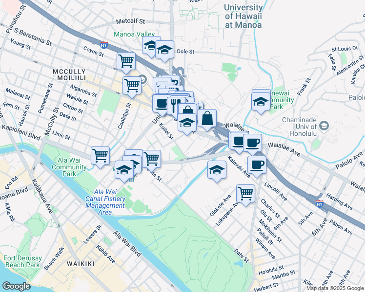 map of restaurants, bars, coffee shops, grocery stores, and more near in Honolulu