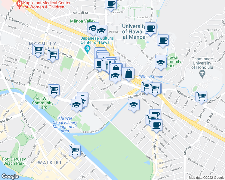 map of restaurants, bars, coffee shops, grocery stores, and more near in Honolulu