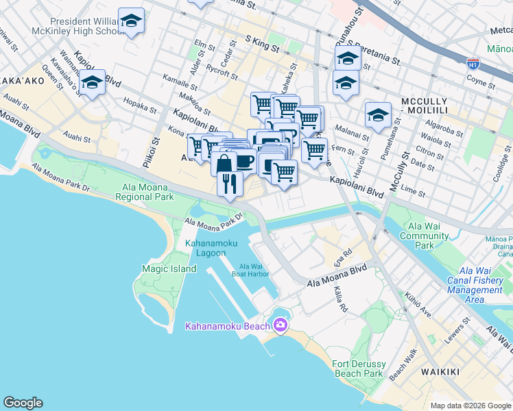 map of restaurants, bars, coffee shops, grocery stores, and more near 1650 Ala Moana Boulevard in Honolulu