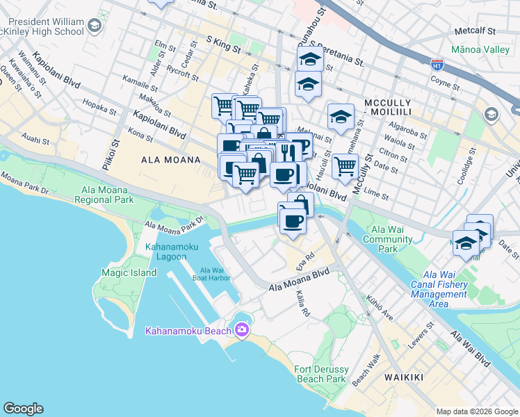 map of restaurants, bars, coffee shops, grocery stores, and more near 1829 Kahakai Drive in Honolulu
