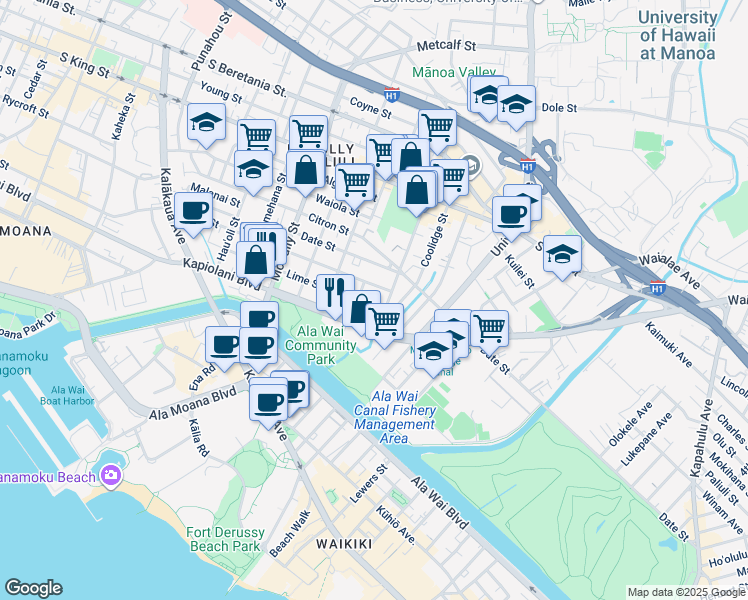 map of restaurants, bars, coffee shops, grocery stores, and more near 742 Hoawa Street in Honolulu