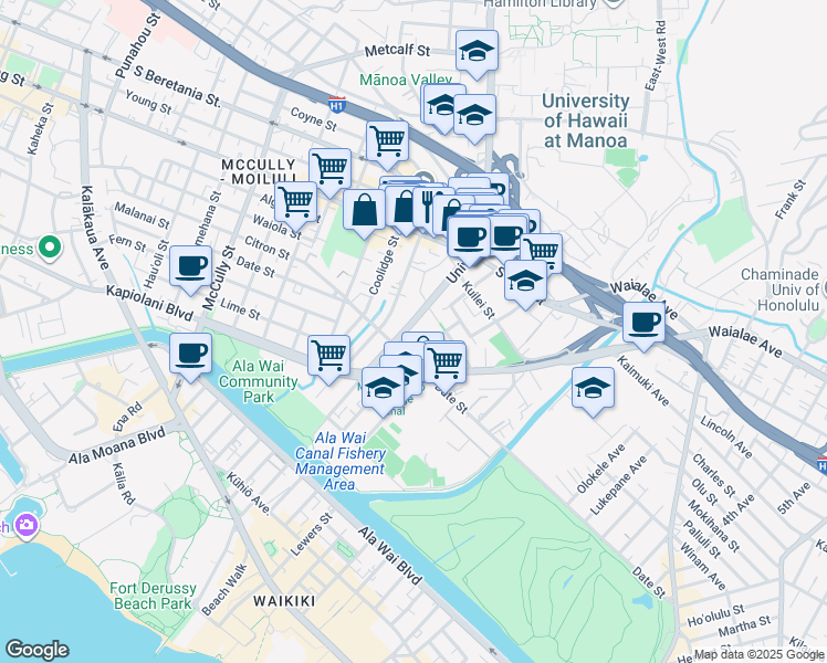 map of restaurants, bars, coffee shops, grocery stores, and more near 727 University Avenue in Honolulu