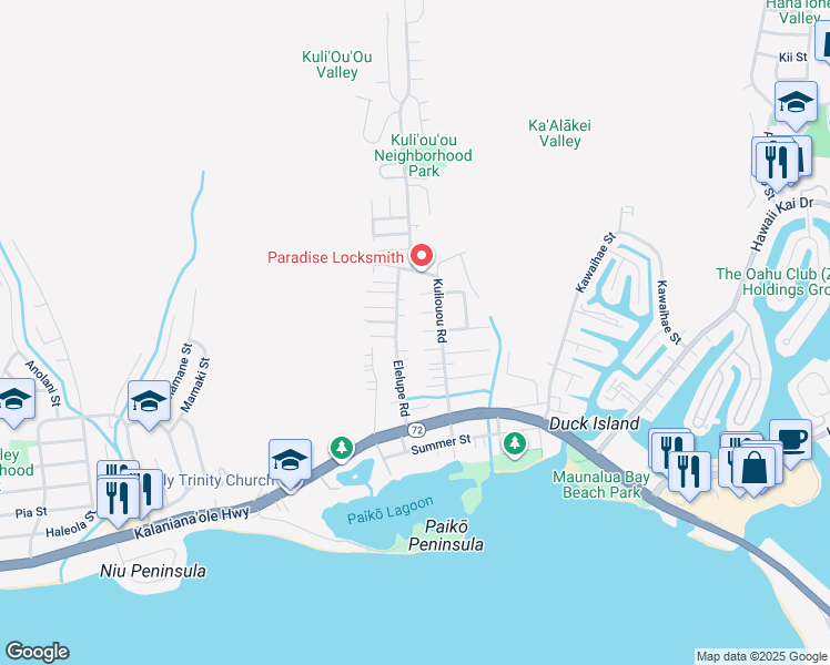 map of restaurants, bars, coffee shops, grocery stores, and more near 311 Elelupe Road in Honolulu