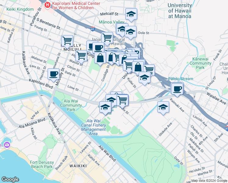 map of restaurants, bars, coffee shops, grocery stores, and more near 739 University Avenue in Honolulu