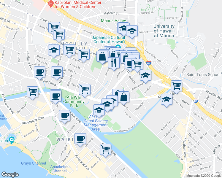 map of restaurants, bars, coffee shops, grocery stores, and more near 2382 Date Street in Honolulu