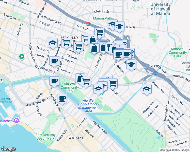 map of restaurants, bars, coffee shops, grocery stores, and more near 2382 Date Street in Honolulu