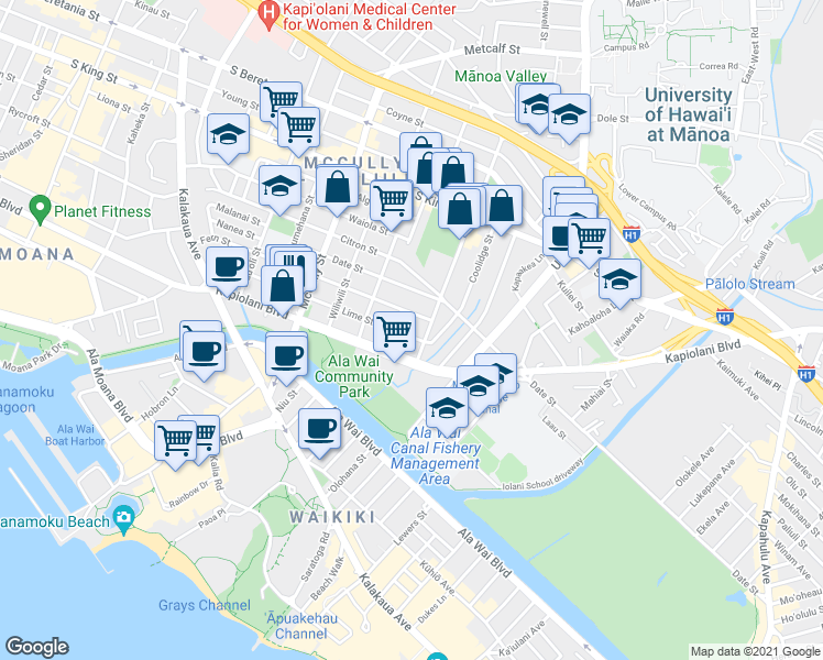 map of restaurants, bars, coffee shops, grocery stores, and more near 742 Hoawa Street in Honolulu