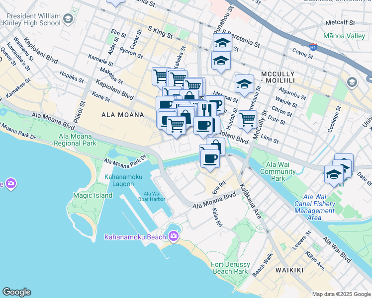 map of restaurants, bars, coffee shops, grocery stores, and more near 1829 Kahakai Drive in Honolulu
