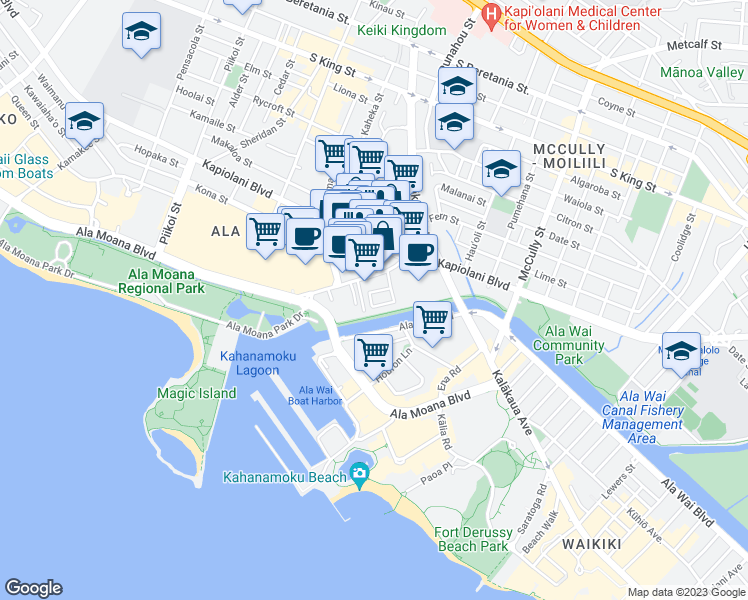 map of restaurants, bars, coffee shops, grocery stores, and more near 1926 Kahakai Drive in Honolulu