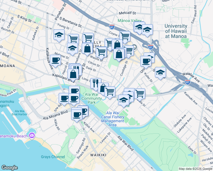 map of restaurants, bars, coffee shops, grocery stores, and more near 742 Hoawa Street in Honolulu