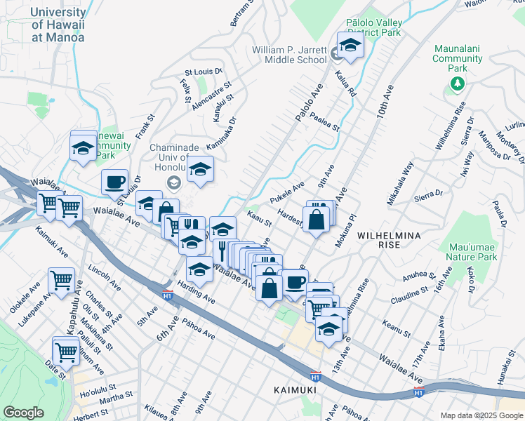 map of restaurants, bars, coffee shops, grocery stores, and more near 1415 7th Avenue in Honolulu