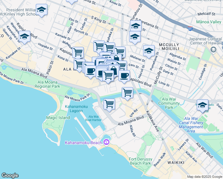 map of restaurants, bars, coffee shops, grocery stores, and more near 1926 Kahakai Drive in Honolulu
