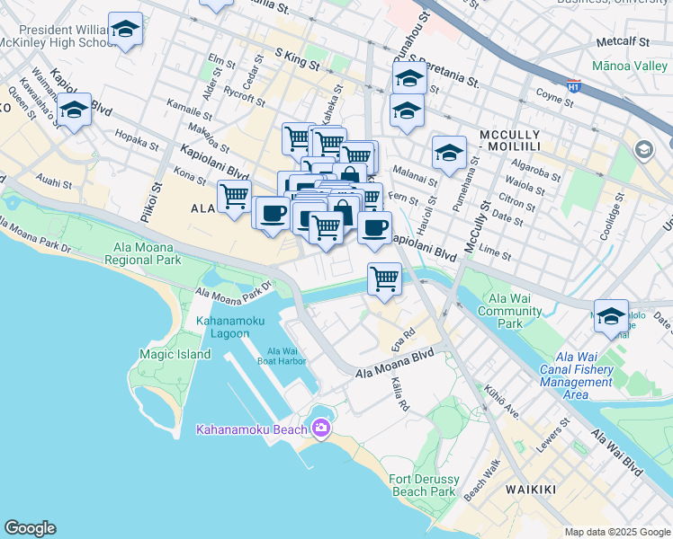 map of restaurants, bars, coffee shops, grocery stores, and more near 1909 Kahakai Drive in Honolulu