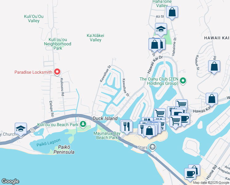 map of restaurants, bars, coffee shops, grocery stores, and more near 6258 Keōkea Place in Honolulu