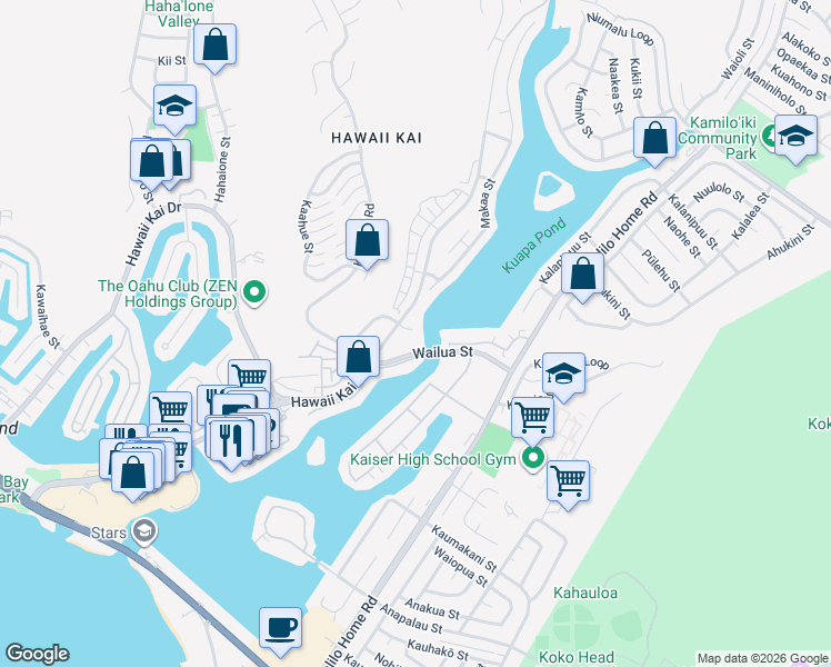 map of restaurants, bars, coffee shops, grocery stores, and more near 7072 ʻEhu Wai Place in Honolulu