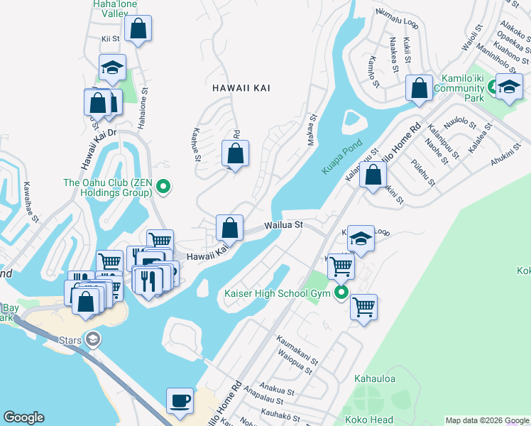 map of restaurants, bars, coffee shops, grocery stores, and more near 7072 ʻEhu Wai Place in Honolulu