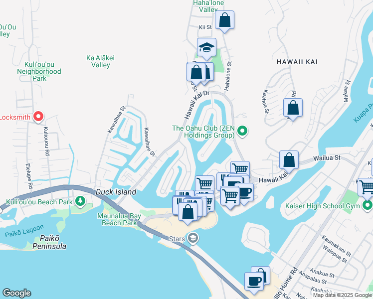 map of restaurants, bars, coffee shops, grocery stores, and more near 503 Opihikao Place in Honolulu