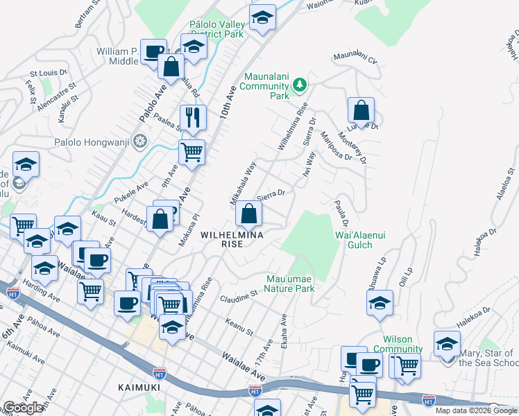 map of restaurants, bars, coffee shops, grocery stores, and more near 3718 Manini Way in Honolulu