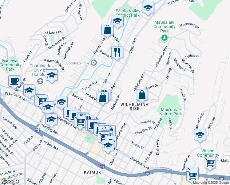 map of restaurants, bars, coffee shops, grocery stores, and more near 3529 Pakui Street in Honolulu