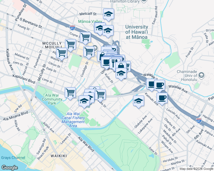 map of restaurants, bars, coffee shops, grocery stores, and more near 810 Kaaloa Street in Honolulu
