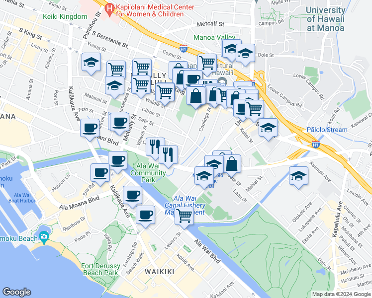 map of restaurants, bars, coffee shops, grocery stores, and more near 755 Isenberg Street in Honolulu
