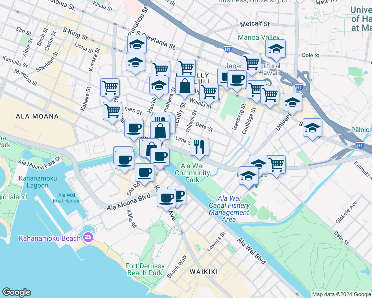 map of restaurants, bars, coffee shops, grocery stores, and more near 2123 Lime Street in Honolulu