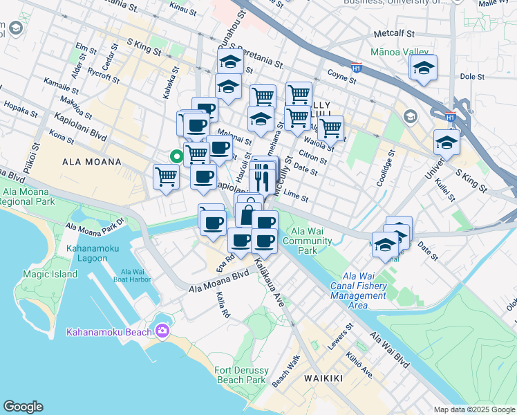 map of restaurants, bars, coffee shops, grocery stores, and more near 635 Pumehana Street in Honolulu