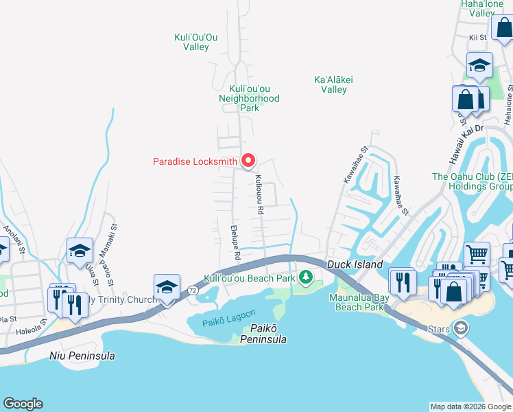 map of restaurants, bars, coffee shops, grocery stores, and more near 294 Kuliouou Road in Honolulu