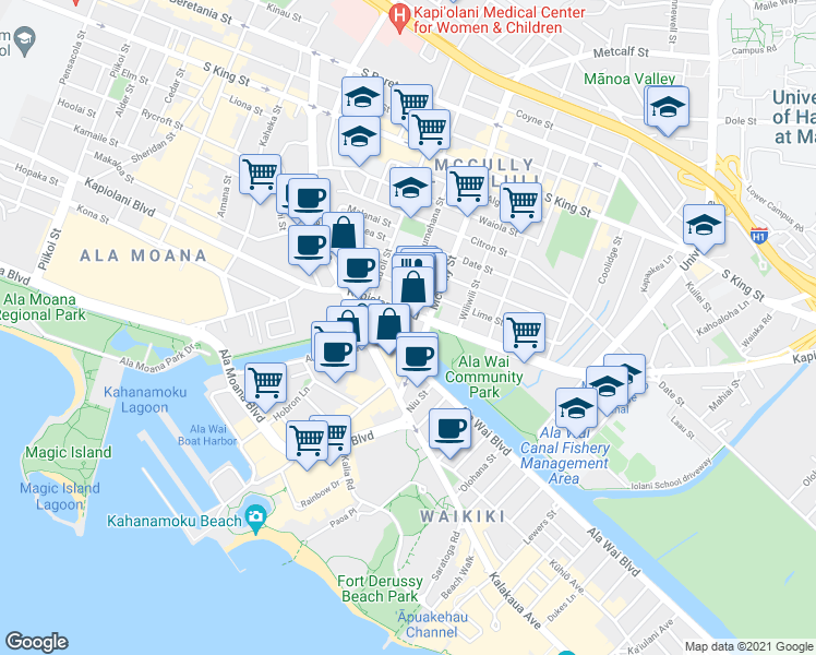 map of restaurants, bars, coffee shops, grocery stores, and more near 620 McCully Street in Honolulu