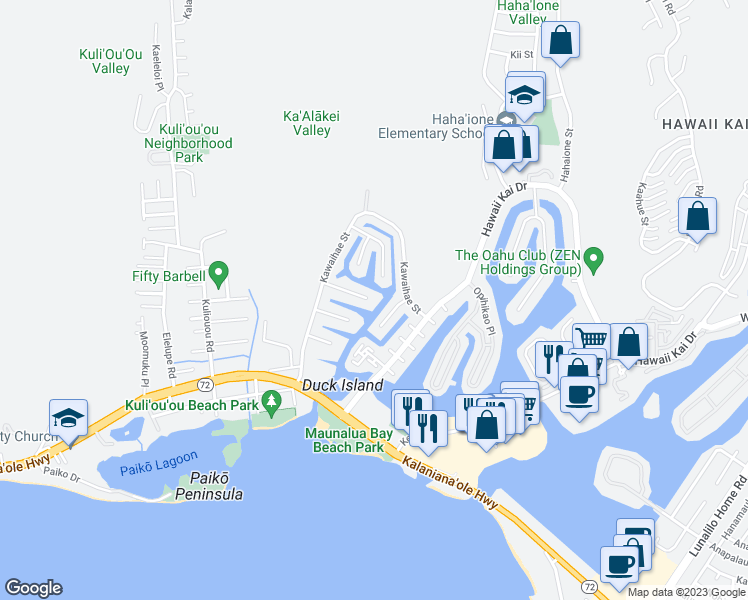 map of restaurants, bars, coffee shops, grocery stores, and more near 6258 Keokea Place in Honolulu