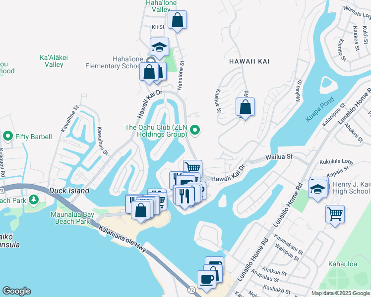 map of restaurants, bars, coffee shops, grocery stores, and more near 6831 Hawaii Kai Drive in Honolulu