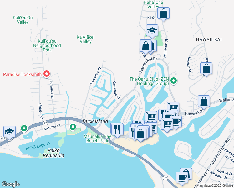 map of restaurants, bars, coffee shops, grocery stores, and more near 532 Kawaihae Street in Honolulu