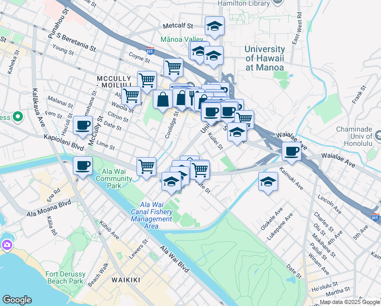 map of restaurants, bars, coffee shops, grocery stores, and more near 739 University Avenue in Honolulu