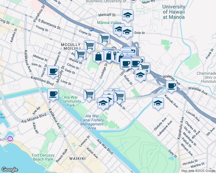 map of restaurants, bars, coffee shops, grocery stores, and more near 739 University Avenue in Honolulu