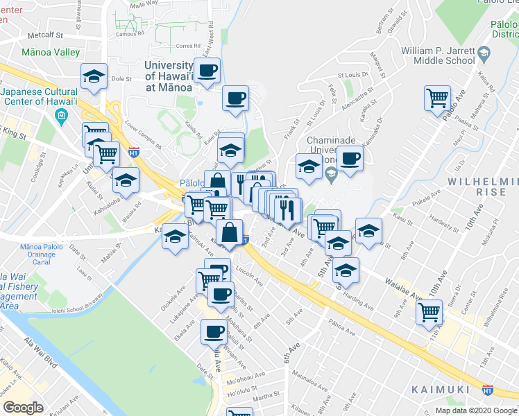 map of restaurants, bars, coffee shops, grocery stores, and more near 3012 Waialae Avenue in Honolulu