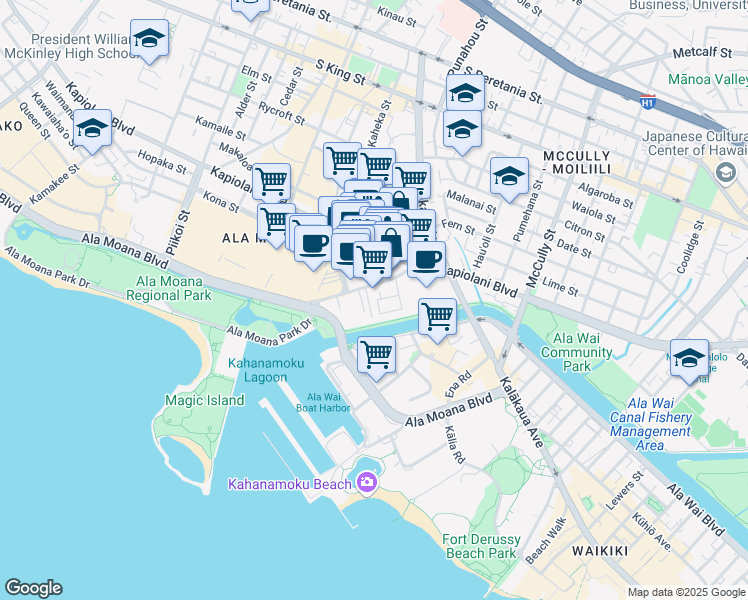 map of restaurants, bars, coffee shops, grocery stores, and more near 1926 Kahakai Drive in Honolulu
