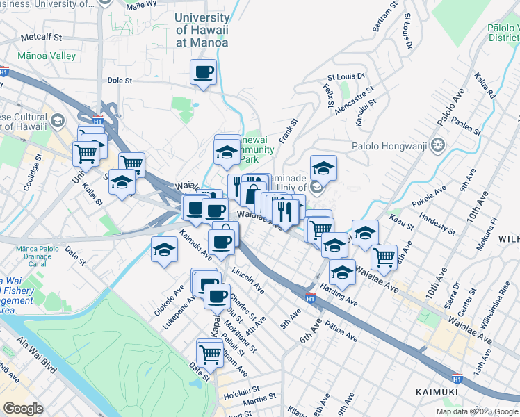 map of restaurants, bars, coffee shops, grocery stores, and more near 3012 Waialae Avenue in Honolulu